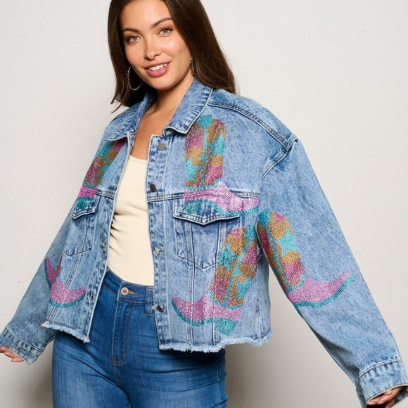 Peach Love California Jackets & Blazers - PEACH LOVE CALIFORNIA Oversized Denim Jacket Sequin Cowboy Boots